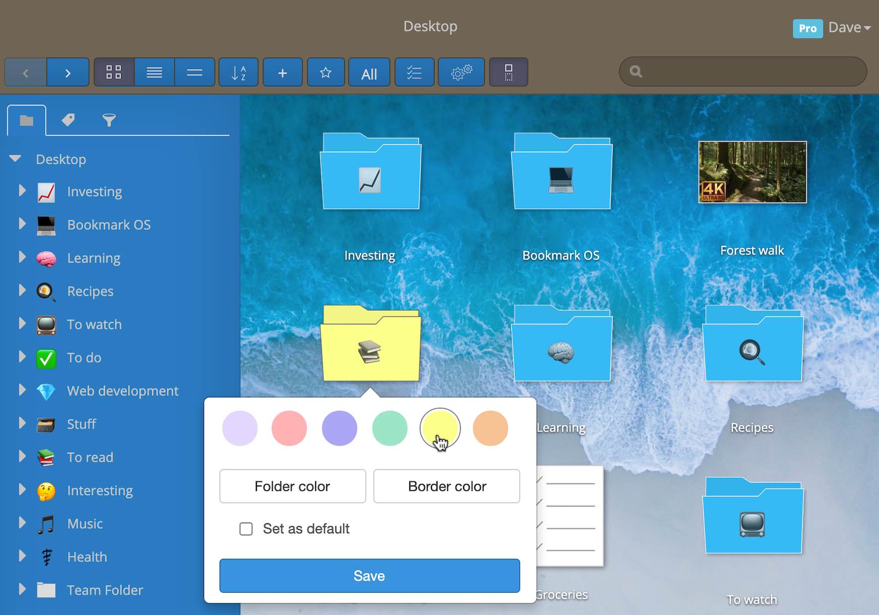 Beach theme with folder color picker